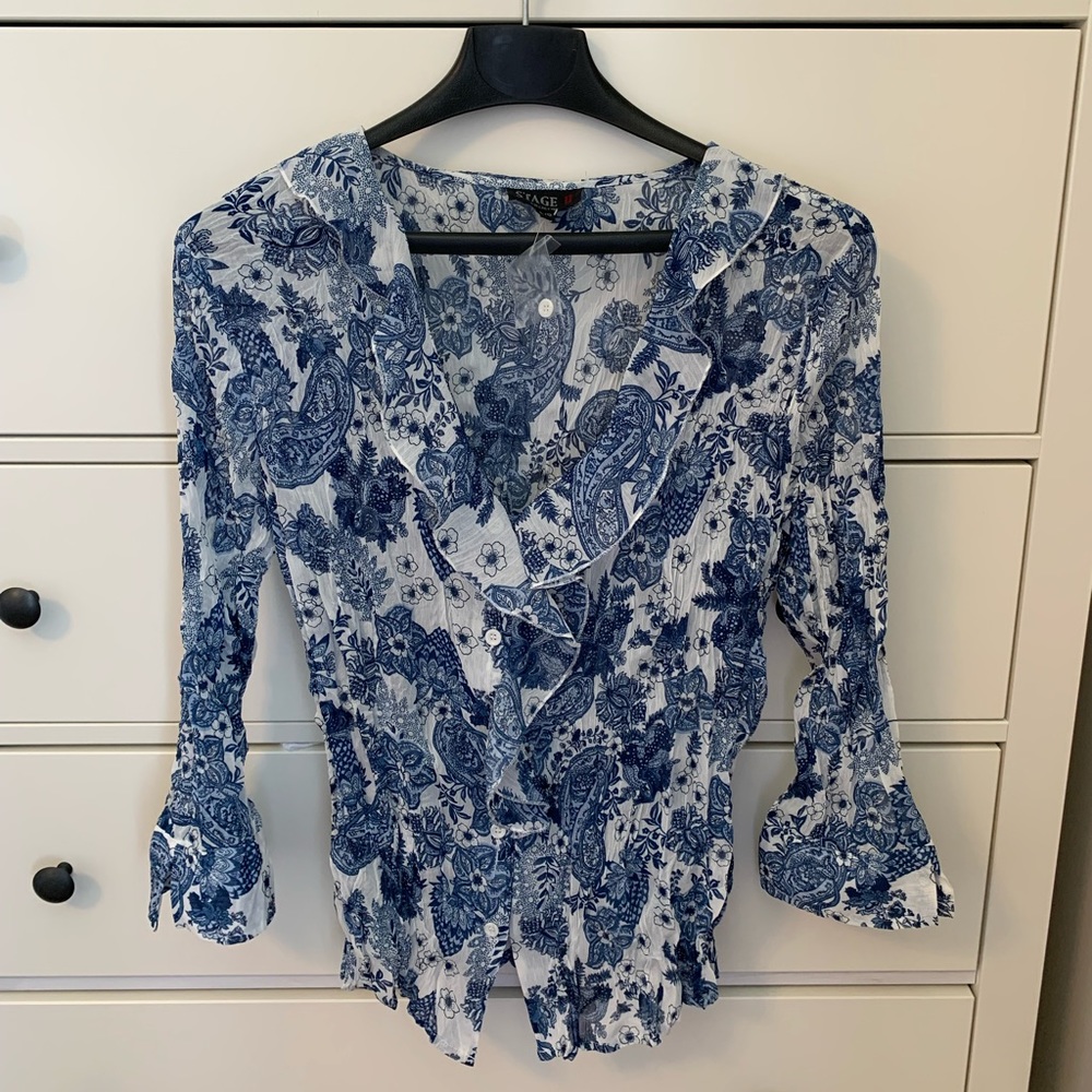 BLEU BUTTON UP BLOUSE - Picture 1 of 3